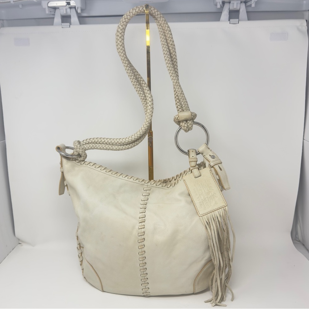 Large off white vintage ralph lauren leather bag with logo tassel